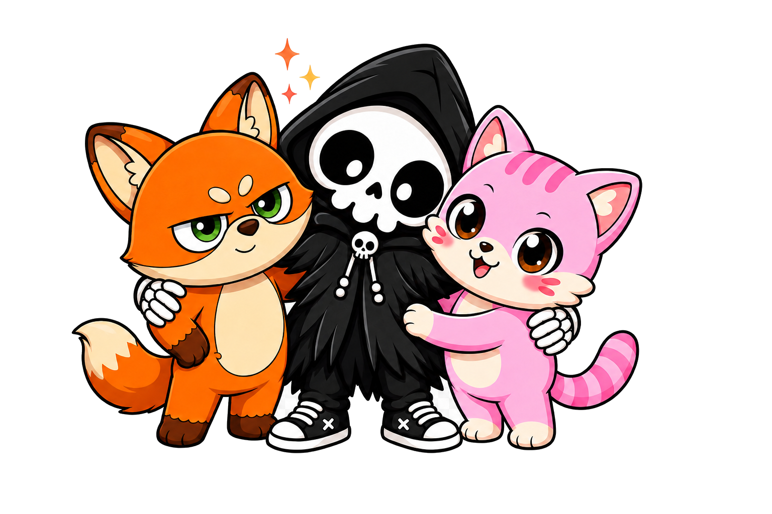 Clover, Skull, and the pink cat sharing a group hug