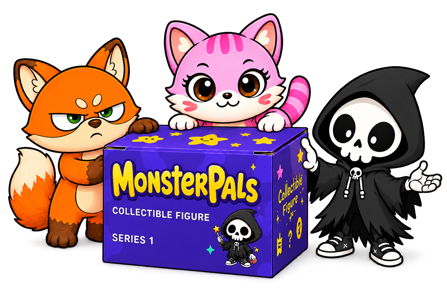 Clover, the pink cat, and the hooded skeleton presenting a MonsterPals collectible box