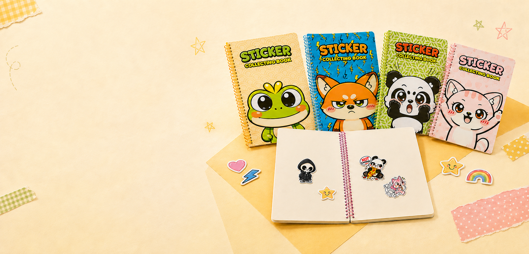 Four Sticker Collecting Books and an open reusable sticker book