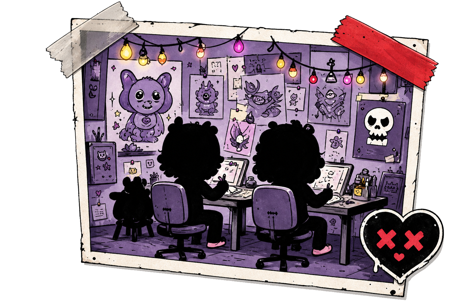 Two MonsterPals creators drawing together in their late-night studio