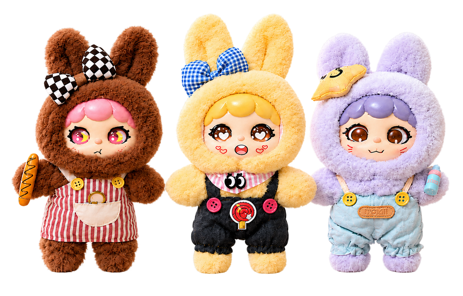 Three SugarBuns plush characters